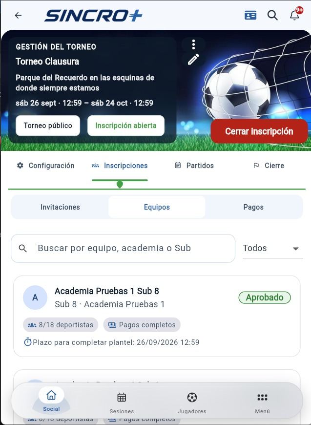 Gestión de un torneo en SINCRO+ desde el celular.