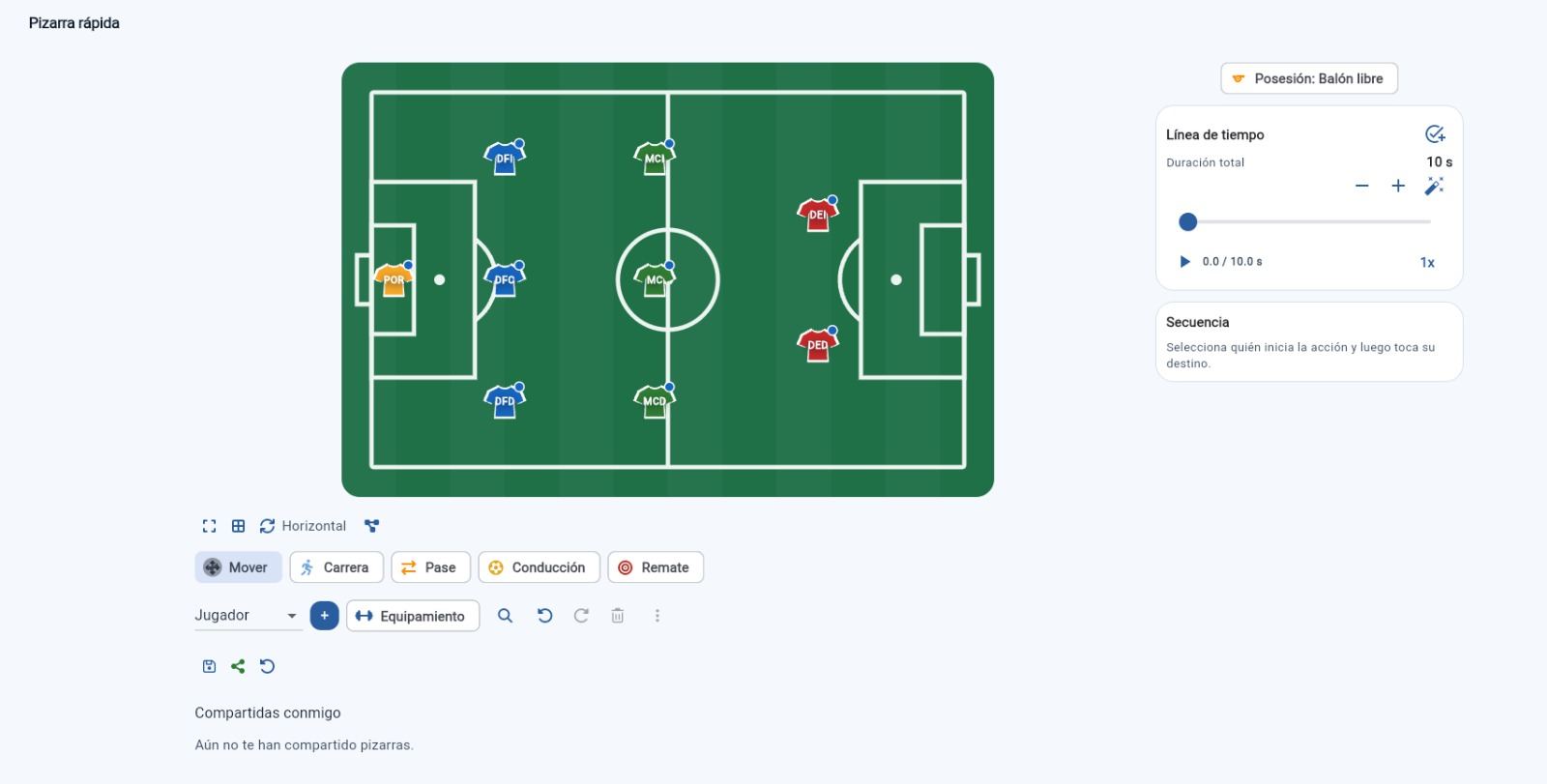 Pizarra táctica de SINCRO+ con jugadores sobre la cancha y línea de tiempo.